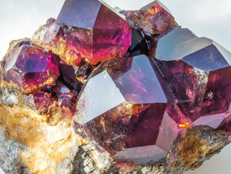 This captivating close-up showcases a stunning garnet crystal gleaming in sunlight against a white background, revealing intricate facets and vibrant colors.の写真素材