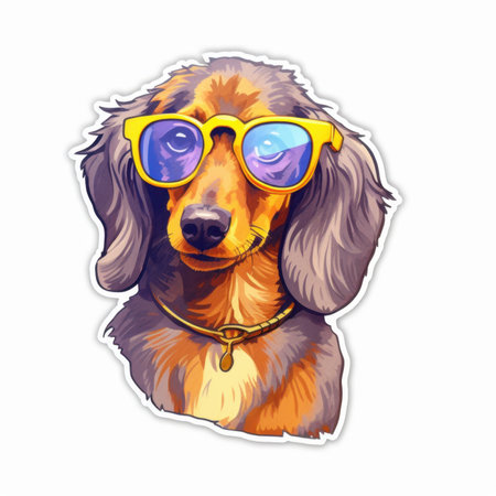 This fun sticker features a stylish dachshund dog wearing colorful sunglasses. Perfect for adding a playful touch to your belongings or decor.の写真素材
