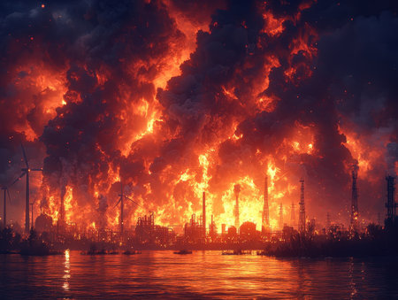A captivating view of an industrial area engulfed in flames and smoke at night, showcasing the intense fire from an oil refinery creating dramatic reflections on the water.の写真素材