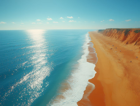 A breathtaking view of a serene beach at sunrise, showcasing golden sand, gentle waves, and a tranquil ocean stretching to the horizon under a clear blue sky.の写真素材