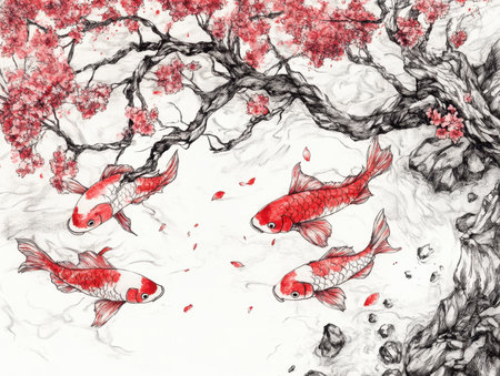 This artful illustration features elegant red koi fish swimming gracefully in tranquil waters beneath a blossoming tree, evoking serenity and beauty.の写真素材