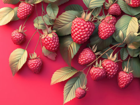 A stunning arrangement of fresh raspberries on a vibrant red background, surrounded by green leaves. Perfect for highlighting natural beauty in food photography.の写真素材