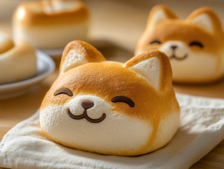 This adorable Shiba Inu inspired bun features a smiling face and soft texture. Perfect for bakery displays or food photography, this treat adds charm to any setting.の写真素材
