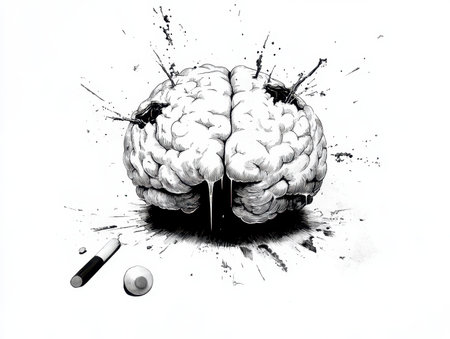 This stunning monochrome artwork features a brain surrounded by ink splashes, symbolizing creativity...