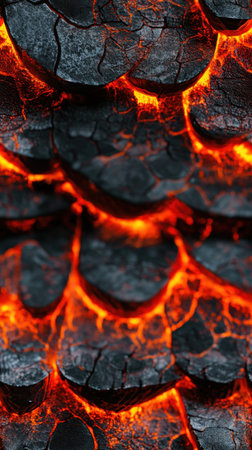 Close-up view of glowing lava texture showcasing cracked black patterns with radiant orange hues. Ideal for projects related to nature, geology, and energy.の写真素材