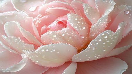 A stunning close-up of delicate pink flower petals adorned with shimmering water droplets, capturing...