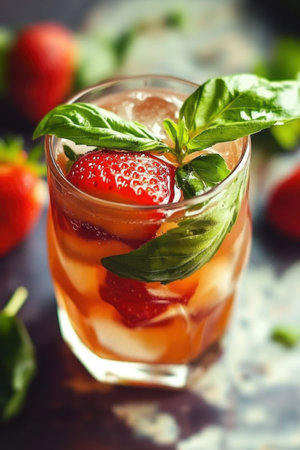 A vibrant and refreshing strawberry basil cocktail served in a glass with ice, showcasing fresh strawberries and aromatic basil leaves for a delightful summer drink.の写真素材