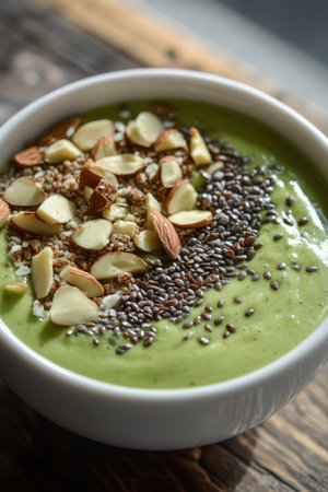 Indulge in a creamy green smoothie bowl topped with almonds and chia seeds. A perfect, nutritious option for breakfast or a snack, vibrant and delicious.の写真素材