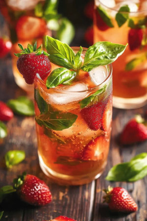 This vibrant drink features fresh strawberries and basil, served over ice in a glass. Perfect for summer gatherings, it offers a refreshing, fruity flavor with a stylish presentation.の写真素材