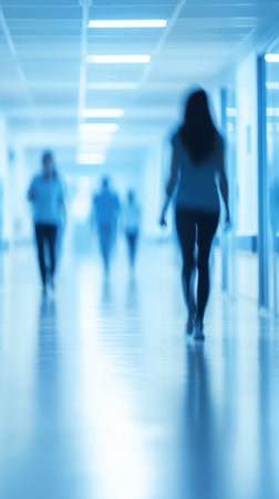 Motion blurred individuals walk through a serene hospital corridor illuminated by soft blue lights, illustrating the atmosphere of modern healthcare and wellness.の写真素材
