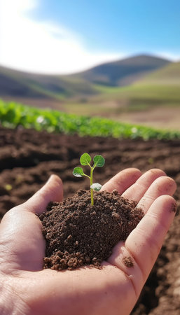A close-up view of a hand gently cradling a small plant seedling in rich, dark soil, with rolling...