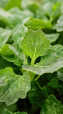 Close-up view of fresh green leafy vegetables glistening with dew drops. The vibrant leaves showcase natural textures and promote health and nutritional benefits.の写真素材