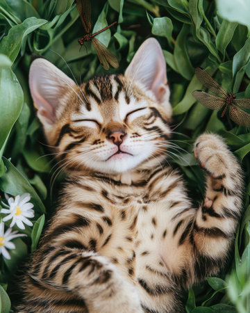 A charming Bengal kitten lies peacefully among vibrant greenery and delicate flowers, radiating...
