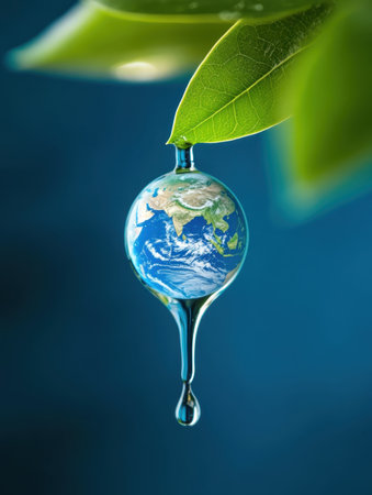 A captivating image of a water drop formed like a miniature Earth hanging from a green leaf. This symbolizes environmental protection and natural beauty.の写真素材