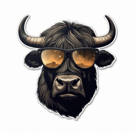 This captivating image features a bull wearing stylish sunglasses, reflecting a stunning landscape....