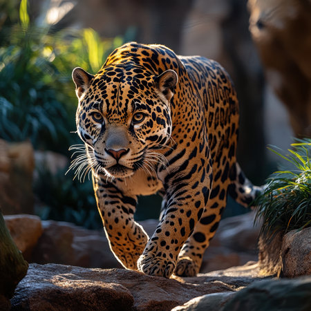A stunning jaguar roams through a vibrant jungle, showcasing its striking fur and fierce demeanor. This captivating wildlife imagery highlights the beauty of nature and the importance of conservation.の写真素材