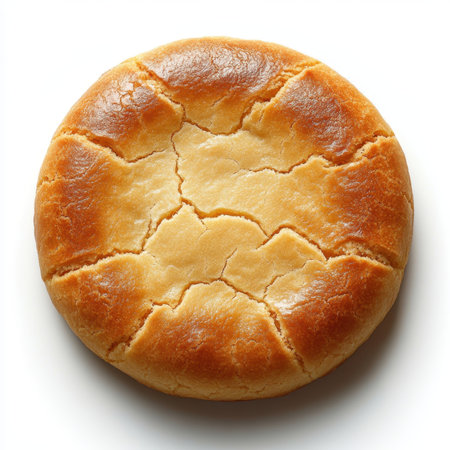 A round loaf of golden brown baked bread featuring a cracked surface. This rustic bread is perfect...
