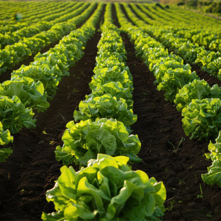 A picturesque view of fresh green lettuce rows extending into the distance, basking in the warm hues of sunset. Perfect for agricultural themes.の写真素材