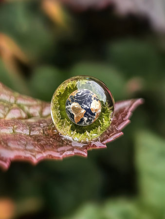 A stunning close-up captures a water droplet on a leaf, reflecting Earth inside. This image symbolizes nature's beauty, inviting admiration and showcasing environmental themes.の写真素材