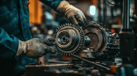 A technician's hands skillfully assemble mechanical engine parts, showcasing the intricate process of repair and maintenance in a workshop setting.の写真素材