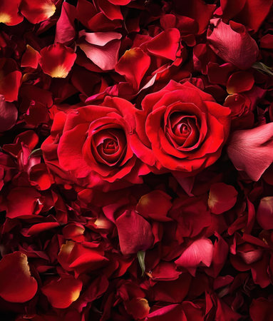 A stunning arrangement of romantic red roses nestled among soft rose petals, creating a captivating display that symbolizes love and beauty. Perfect for celebrations or decorative purposes.の写真素材