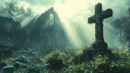 A mystical scene of overgrown ruins and a weathered cross, illuminated by sunlight filtering through...