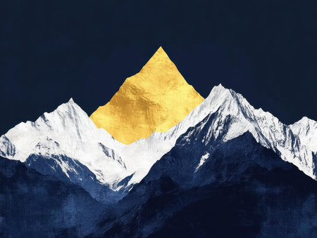 A striking representation of a mountain peak adorned with a golden summit, set against a dark backdrop. This artistic piece captures the essence of adventure and natureの写真素材