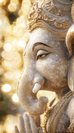 Close-up of a golden idol representing a deity, showcasing intricate details against a soft bokeh background, evoking spirituality and peace.の写真素材