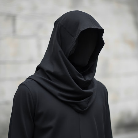 A mysterious figure draped in a dark hooded cloak stands against a subtle backdrop, evoking feelings of anonymity and intrigue in a minimalistic composition.の写真素材