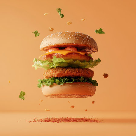 A mouthwatering burger featuring layers of lettuce, cheese, and crispy ingredients, set against a vibrant orange background for a dynamic visual feast.の写真素材