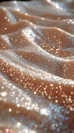 This captivating close-up showcases a shimmering fabric adorned with sparkling textures, perfect for...
