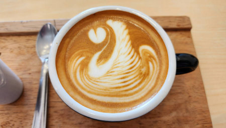 A stunning latte art design showcasing intricate foam patterns atop warm coffee, served in a stylish cup on a wooden table, perfect for coffee lovers.の写真素材