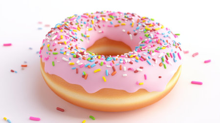 A vibrant pink donut adorned with colorful sprinkles on a clean background, perfect for showcasing sweet treats such as desserts or party snacks.の写真素材
