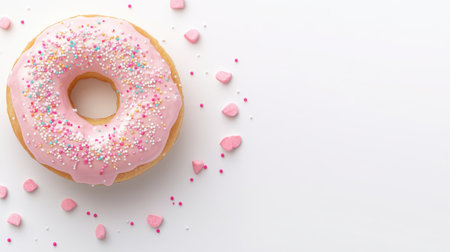 A vibrant pink frosted donut sits elegantly on a white background, adorned with colorful sprinkles and surrounded by heart-shaped candies, perfect for sweet moments.の写真素材