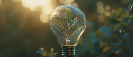 A light bulb with green leaves inside symbolizes the balance between nature and technology, representing eco-friendly energy and sustainability concepts.の写真素材