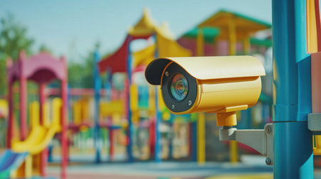 A vibrant playground scene featuring a yellow security camera monitoring a colorful play area designed for children's enjoyment and safety.の写真素材