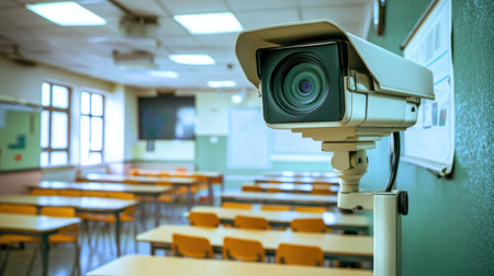 A security camera positioned in an empty classroom offers a view for monitoring safety and...