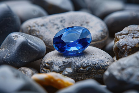 A stunning blue gemstone rests on smooth pebbles, showcasing its vibrant color and brilliant cut. The natural setting enhances its beauty and elegance.の写真素材