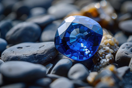 A stunning blue gemstone sits prominently among smooth pebbles, capturing natural light. The intricate cut and vibrant color highlight the beauty of nature and luxury.の写真素材