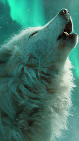 An enchanting Arctic wolf howls beneath the mesmerizing display of northern lights, capturing the...