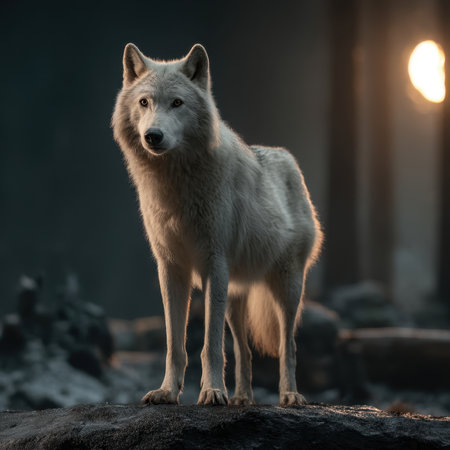 Majestic Wolf Standing in Mystical Forest at Duskの写真素材