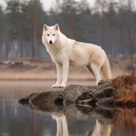 Majestic Wolf Standing on Rock by Calm Reflective Waterの写真素材