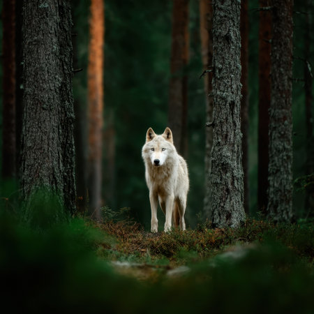 Majestic Wolf Stands in Forest with Tall Green Treesの写真素材