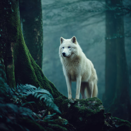Majestic Wolf Stands Among Lush Green Forest Environment