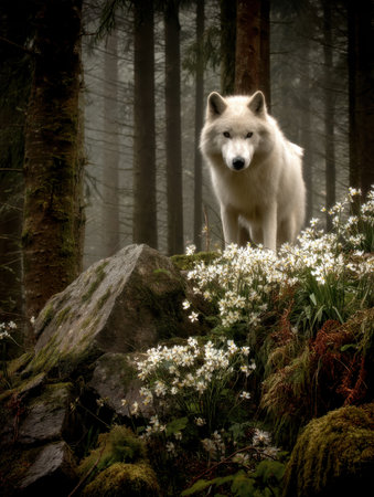 Majestic Wolf Surrounded by Wildflowers in Misty Forest