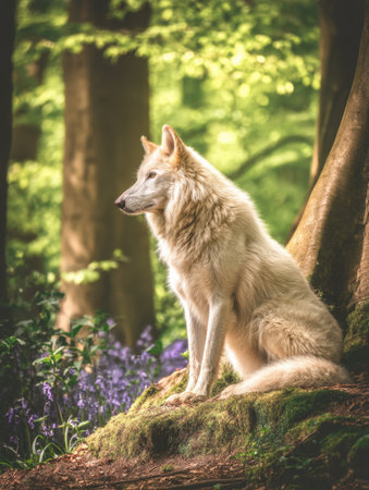 Majestic Wolf Sitting Gracefully in Lush Green Forest
