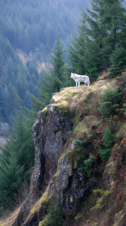 A stunning scene of a solitary wolf standing on a rocky cliff edge, overlooking a vibrant green...