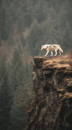 A striking image of a lone wolf poised on a cliff edge, surrounded by a dense forest. The scene captures the essence of wilderness and majestic beauty in nature.の写真素材