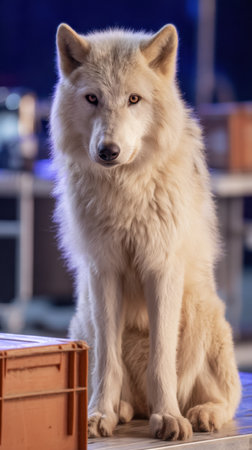 A striking portrait of an arctic wolf sitting gracefully among boxes in a modern indoor setting,...