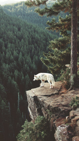 A stunning white wolf stands proudly on a rocky cliff, gazing over a vast green forest, capturing the essence of wild beauty and tranquility in nature.の写真素材